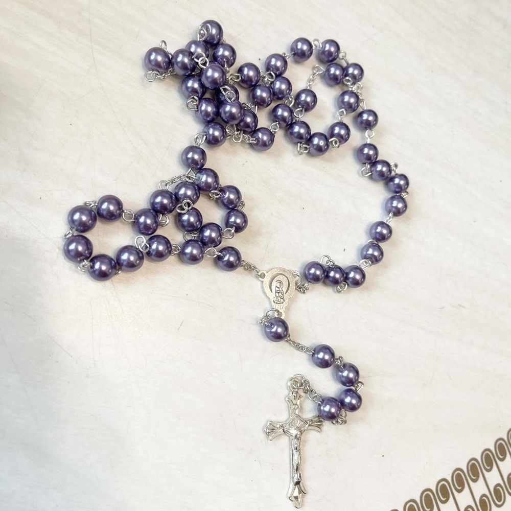 vintage purple & silver rosary necklace